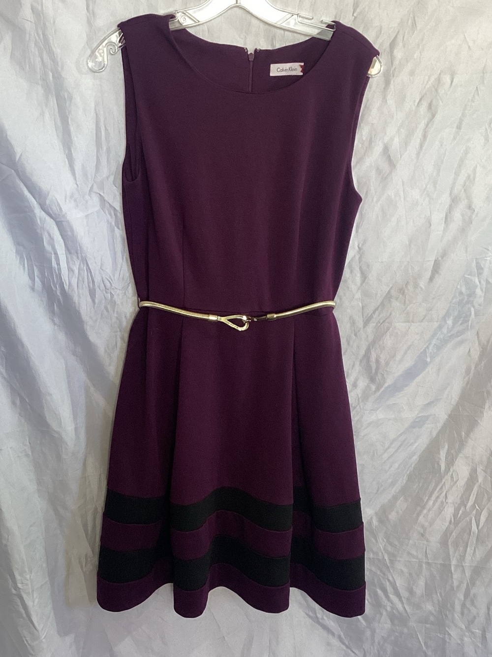 Calvin Klein Women's Purple Sleeveless Fit & Flare Dress with Gold Belt
